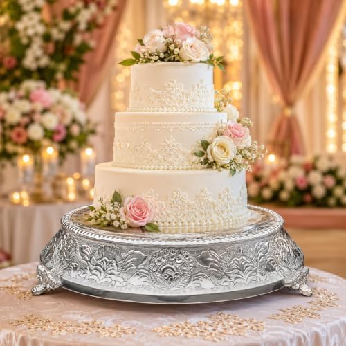 14 inch Round Tapered Silver Wedding Cake Stand, Hand Crafted, Embossed, Durable Build in Silver, alternate view 2