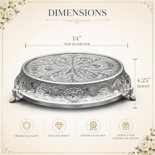 14 inch Round Tapered Silver Wedding Cake Stand, Hand Crafted, Embossed, Durable Build in Silver, alternate view 3