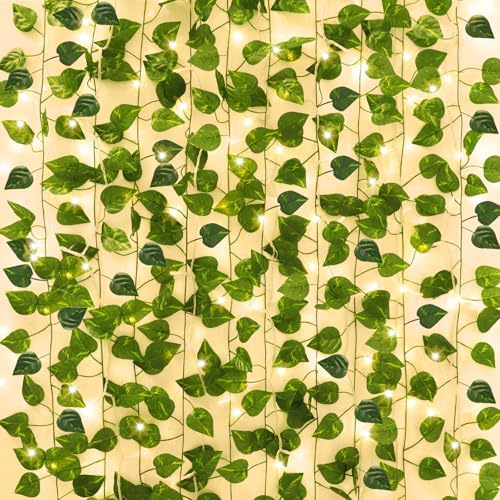 14 Pack 98ft Fake Ivy Vines, Artificial Ivy Garland with 100 LED String Lights, Hanging Plants Greenery Backdrop