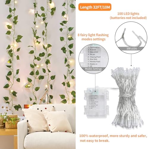 14 Pack 98ft Fake Ivy Vines, Artificial Ivy Garland with 100 LED String Lights, Hanging Plants Greenery Backdrop, alternate