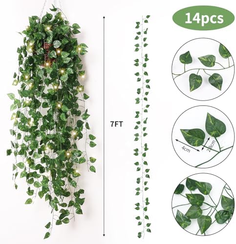 14 Pack 98ft Fake Ivy Vines, Artificial Ivy Garland with 100 LED String Lights, Hanging Plants Greenery Backdrop, alternate