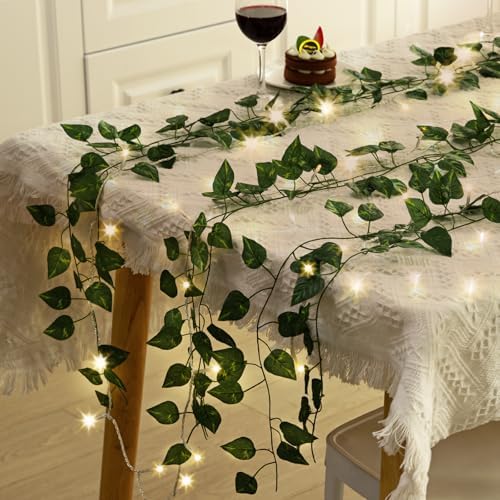 14 Pack 98ft Fake Ivy Vines, Artificial Ivy Garland with 100 LED String Lights, Hanging Plants Greenery Backdrop, alternate