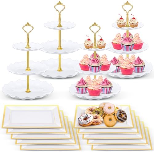 14 Pcs Dessert Table Stands Set 3 Tier Plastic Cupcake Stands Cookie Display Tower Gold Rim Dessert Serving Tray