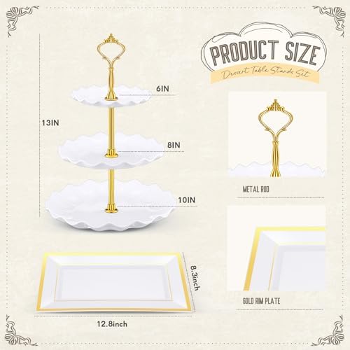 14 Pcs Dessert Table Stands Set 3 Tier Plastic Cupcake Stands Cookie Display Tower Gold Rim Dessert Serving Tray, alternate