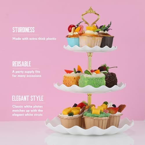 14 Pcs Dessert Table Stands Set 3 Tier Plastic Cupcake Stands Cookie Display Tower Gold Rim Dessert Serving Tray, alternate