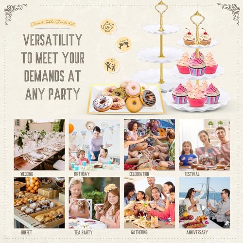 14 Pcs Dessert Table Stands Set 3 Tier Plastic Cupcake Stands Cookie Display Tower Gold Rim Dessert Serving Tray, alternate