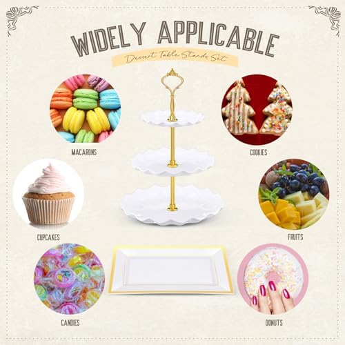 14 Pcs Dessert Table Stands Set 3 Tier Plastic Cupcake Stands Cookie Display Tower Gold Rim Dessert Serving Tray, alternate