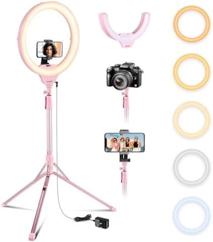 14'' Pink Selfie Ring Light with 62'' Tripod Stand and Phone Holder, Dimmable LED Phone Ringlight for