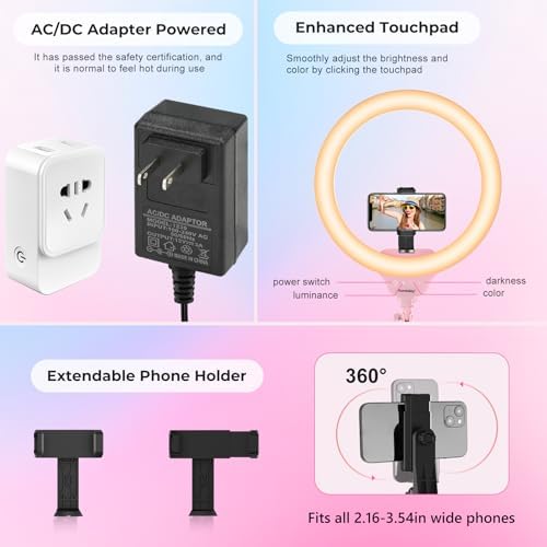 14'' Pink Selfie Ring Light with 62'' Tripod Stand and Phone Holder, Dimmable LED Phone Ringlight for, alternate view 4