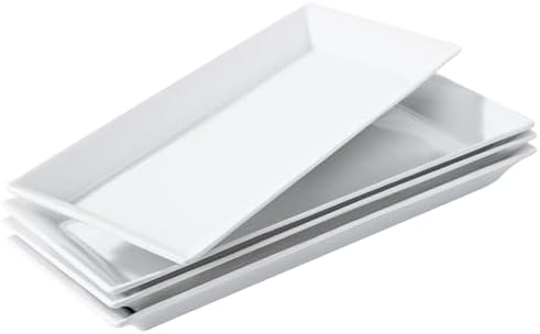 14" Rectangular Platters Set of 4, White Ceramic Platters, Large Serving Plates for Party, Entertaining