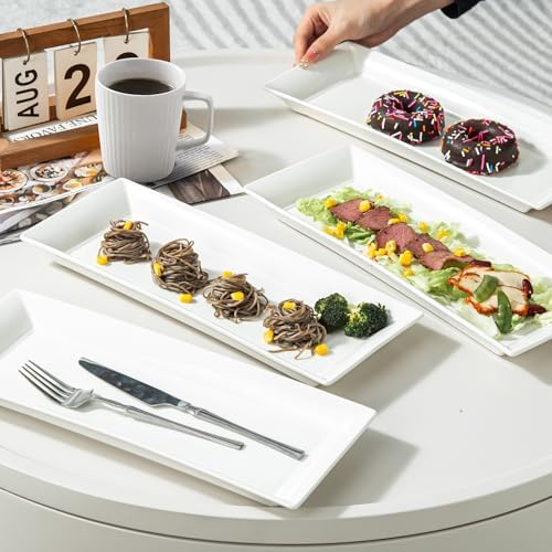 14" Rectangular Platters Set of 4, White Ceramic Platters, Large Serving Plates for Party, Entertaining, alternate view 2