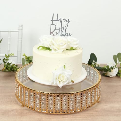 14" Round Gold Crystal Cake Stand - Mirror Glass Top Metal Dessert Pedestal with Hanging Beads for Wedding