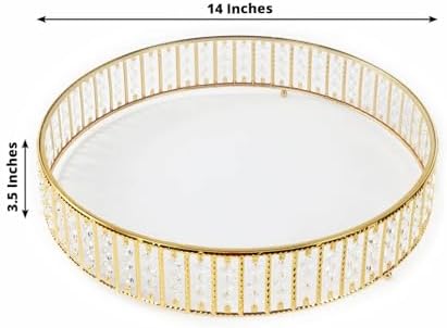 14" Round Gold Crystal Cake Stand - Mirror Glass Top Metal Dessert Pedestal with Hanging Beads for Wedding, alternate view 2
