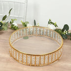 14" Round Gold Crystal Cake Stand - Mirror Glass Top Metal Dessert Pedestal with Hanging Beads for Wedding, alternate view 5