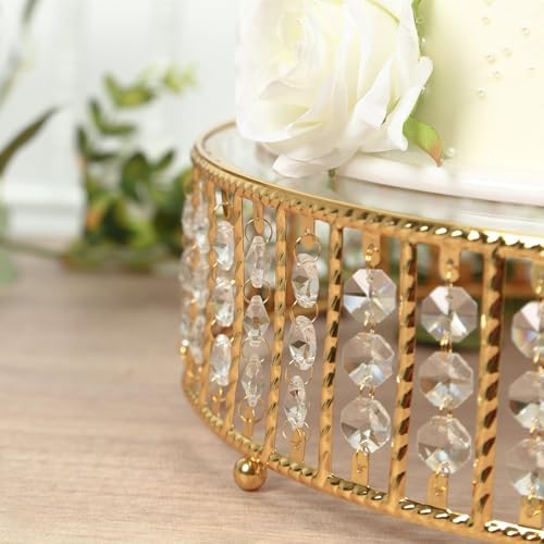 14" Round Gold Crystal Cake Stand - Mirror Glass Top Metal Dessert Pedestal with Hanging Beads for Wedding, alternate view 6