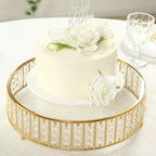 14" Round Gold Crystal Cake Stand - Mirror Glass Top Metal Dessert Pedestal with Hanging Beads for Wedding, alternate view 7