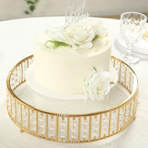 14" Round Gold Crystal Cake Stand - Mirror Glass Top Metal Dessert Pedestal with Hanging Beads for Wedding, alternate view 7