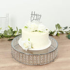 14" Round Silver Crystal Cake Stand - Mirror Glass Top Metal Dessert Pedestal with Hanging Beads for Wedding