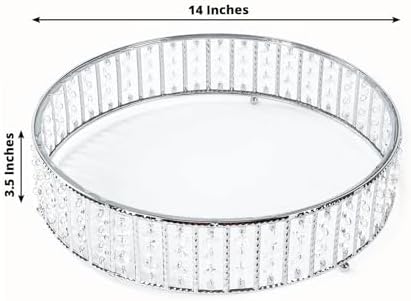 14" Round Silver Crystal Cake Stand - Mirror Glass Top Metal Dessert Pedestal with Hanging Beads for Wedding, alternate view