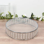 14" Round Silver Crystal Cake Stand - Mirror Glass Top Metal Dessert Pedestal with Hanging Beads for Wedding, alternate view