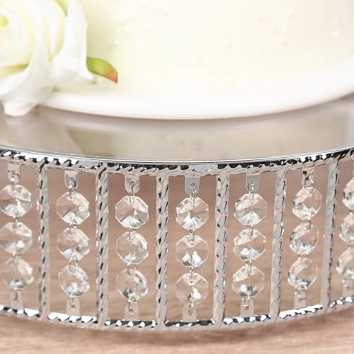 14" Round Silver Crystal Cake Stand - Mirror Glass Top Metal Dessert Pedestal with Hanging Beads for Wedding, alternate view