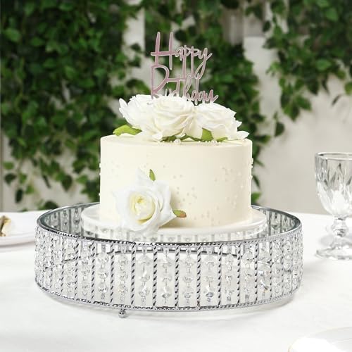14" Round Silver Crystal Cake Stand - Mirror Glass Top Metal Dessert Pedestal with Hanging Beads for Wedding, alternate view