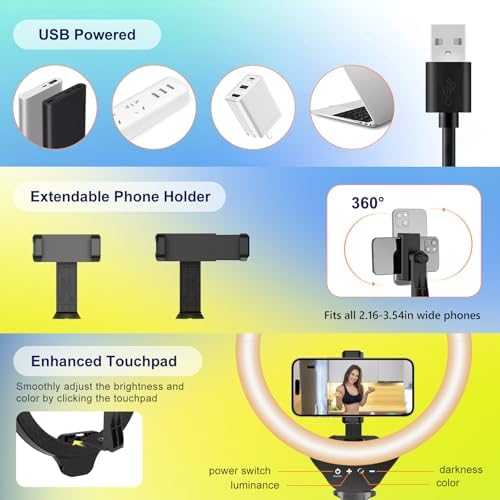 14'' Selfie Ring Light with 62'' Tripod Stand and Phone Holder, Dimmable LED Phone Ringlight for Makeup/Video, alternate view