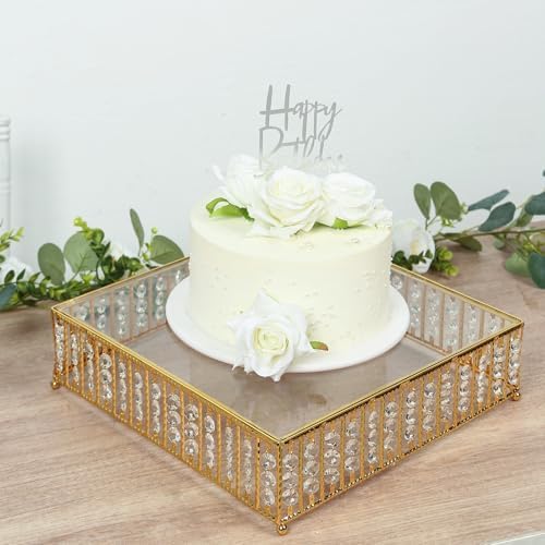 14" Square Gold Crystal Cake Stand - Mirror Glass Top Metal Dessert Pedestal with Hanging Beads for Wedding