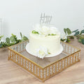 14" Square Gold Crystal Cake Stand - Mirror Glass Top Metal Dessert Pedestal with Hanging Beads for Wedding