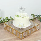 14" Square Gold Crystal Cake Stand - Mirror Glass Top Metal Dessert Pedestal with Hanging Beads for Wedding