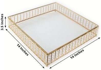 14" Square Gold Crystal Cake Stand - Mirror Glass Top Metal Dessert Pedestal with Hanging Beads for Wedding, alternate view 2