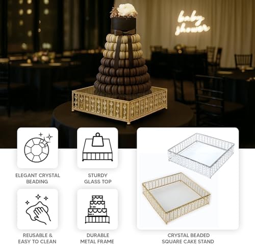 14" Square Gold Crystal Cake Stand - Mirror Glass Top Metal Dessert Pedestal with Hanging Beads for Wedding, alternate view 3