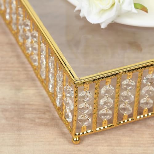 14" Square Gold Crystal Cake Stand - Mirror Glass Top Metal Dessert Pedestal with Hanging Beads for Wedding, alternate view 5