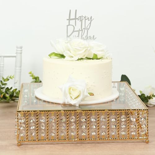 14" Square Gold Crystal Cake Stand - Mirror Glass Top Metal Dessert Pedestal with Hanging Beads for Wedding, alternate view 6