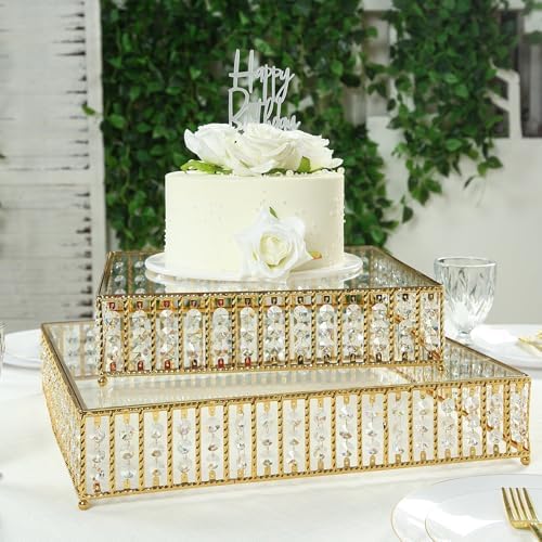 14" Square Gold Crystal Cake Stand - Mirror Glass Top Metal Dessert Pedestal with Hanging Beads for Wedding, alternate view 7