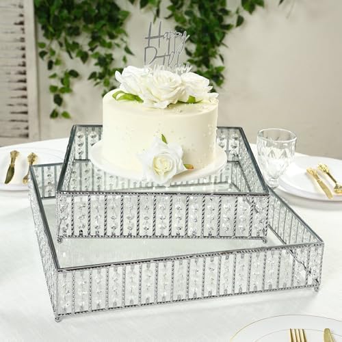 14" Square Silver Crystal Cake Stand - Mirror Glass Top Metal Dessert Pedestal with Hanging Beads for Wedding, alternate view