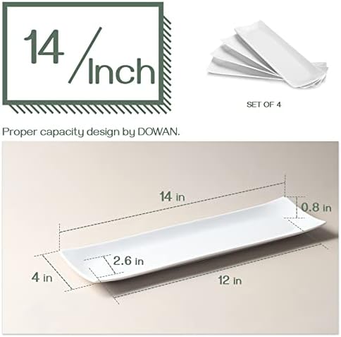 14" Sushi Plate Set of 4 - Long Rectangle Plates and Cracker Trays for Serving - White Ceramic Platters for, alternate view 3