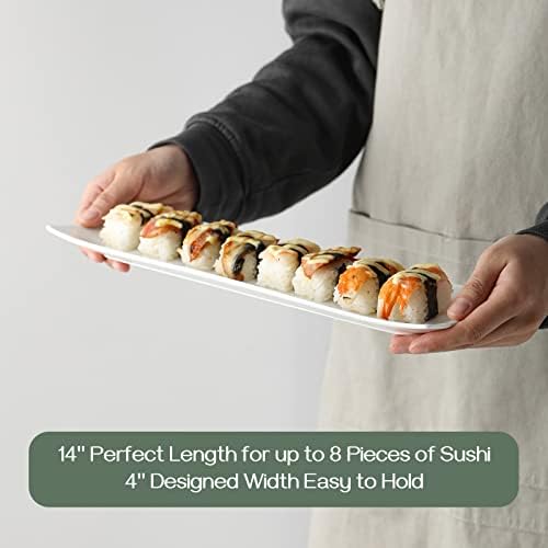 14" Sushi Plate Set of 4 - Long Rectangle Plates and Cracker Trays for Serving - White Ceramic Platters for, alternate view 5