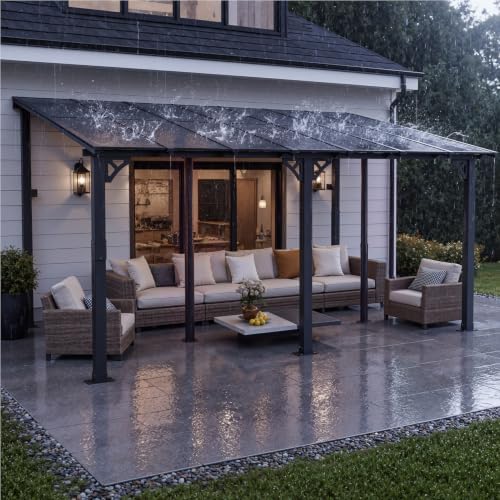 14’x10’ Lean to Gazebo, Pergola with 2 Telescopic Support Posts, Black in Black