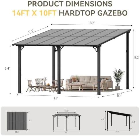 14’x10’ Lean to Gazebo, Pergola with 2 Telescopic Support Posts, Black in Black, alternate view 2