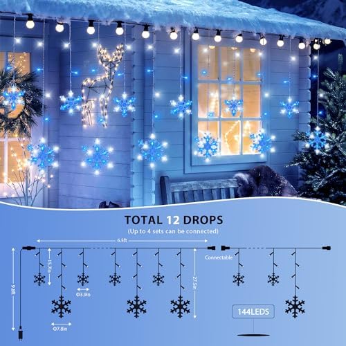 144 LED Snowflake Christmas Lights Outdoor,6.5FT with 12 Drops, alternate view 4