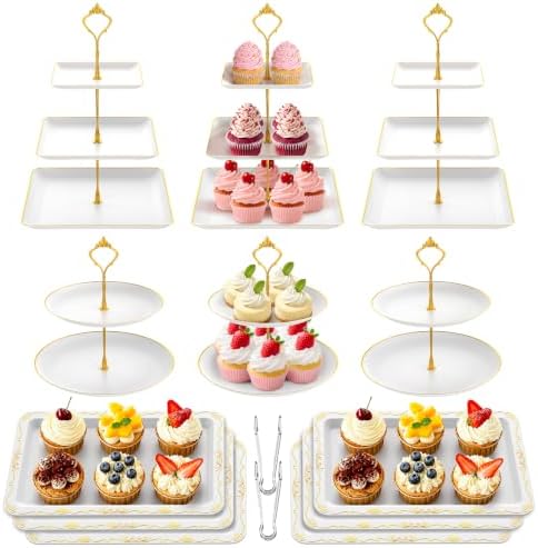 14Pcs Dessert Table Display Set, Cupcake Stand with Gold Metal Rod, 3-Tier Cup Cake Tower Stands, 2-Tiered