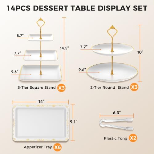 14Pcs Dessert Table Display Set, Cupcake Stand with Gold Metal Rod, 3-Tier Cup Cake Tower Stands, 2-Tiered, alternate view 3