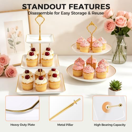 14Pcs Dessert Table Display Set, Cupcake Stand with Gold Metal Rod, 3-Tier Cup Cake Tower Stands, 2-Tiered, alternate view 4