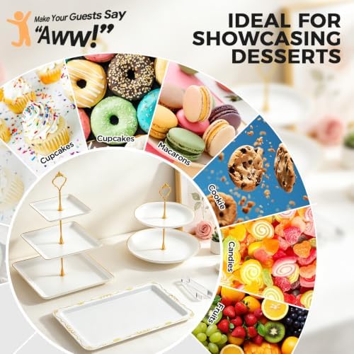 14Pcs Dessert Table Display Set, Cupcake Stand with Gold Metal Rod, 3-Tier Cup Cake Tower Stands, 2-Tiered, alternate view 7