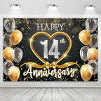 14th Anniversary Backdrop, Black Gold 14 Year Wedding Decorations Banner, Happy 14th Anniversary Party Supplies