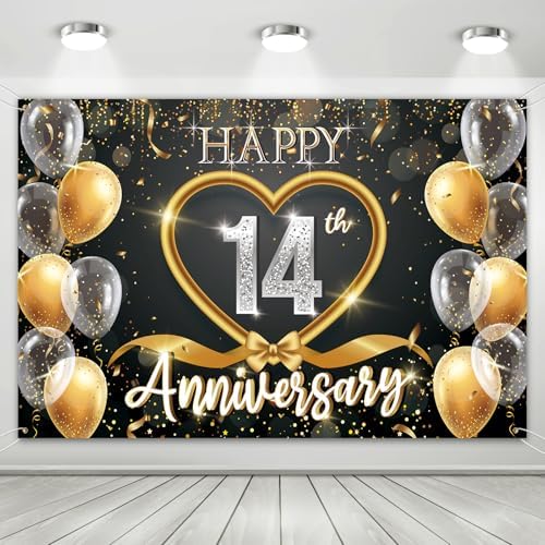 14th Anniversary Backdrop, Black Gold 14 Year Wedding Decorations Banner, Happy 14th Anniversary Party Supplies