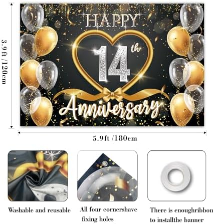 14th Anniversary Backdrop, Black Gold 14 Year Wedding Decorations Banner, Happy 14th Anniversary Party Supplies, alternate