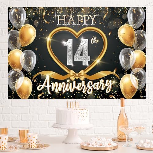 14th Anniversary Backdrop, Black Gold 14 Year Wedding Decorations Banner, Happy 14th Anniversary Party Supplies, alternate