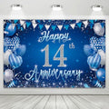 14th Anniversary Backdrop, Blue & Silver Happy 14th Wedding Anniversary Photo Background Wall Decor, Couples